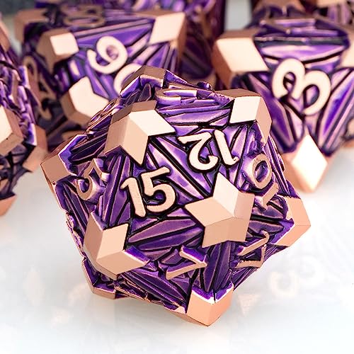 7PCS Metal DND Dice Set with Box, Debris RPG Purple D and D Dice for use with D&D Tabletop Games Role Playing Game Polyhedral Dice Set D20 D12 D10 D8 D6 D4 - color: Copper Purple