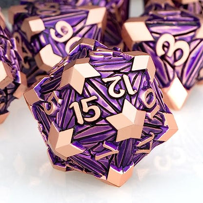 7PCS Metal DND Dice Set with Box, Debris RPG Purple D and D Dice for use with D&D Tabletop Games Role Playing Game Polyhedral Dice Set D20 D12 D10 D8 D6 D4 - color: Copper Purple