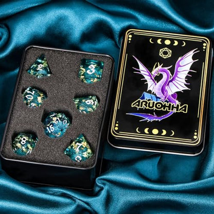 ARUOHHA Liquid Core DND Dice Set, 7pcs Resin Sharp Edged Dragons Dice RPG Role Playing Games, Silver Numbers Blue Dungeons Polyhedral Dice with Gift Box D20 D12 D10 D8 D6 D4 - color: Silver Blue
