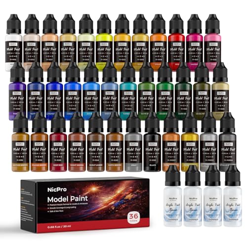 Nicpro 36 Colors Model Paint Set, 20ml Ready to Use Modeling Acrylic Paints | Brush & Airbrush Compatible, Miniature Paint Set for Beginner & Professional on Model, Scale Figure, Crafts, with 4 Thinner - style: 36 Colors with 4 Thinners