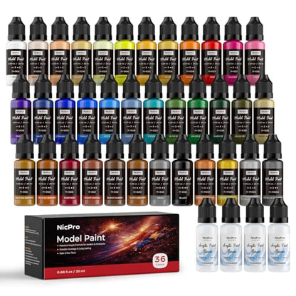 Nicpro 36 Colors Model Paint Set, 20ml Ready to Use Modeling Acrylic Paints | Brush & Airbrush Compatible, Miniature Paint Set for Beginner & Professional on Model, Scale Figure, Crafts, with 4 Thinner - style: 36 Colors with 4 Thinners