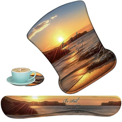 Keyboard Wrist Support + Wrist Mousepad + Coaster Combination, Non-Slip PU Base, with Gel Memory Mousepad, Suitable for Gaming, Office Pain Relief Mousepad Set - Sunset Beach - color: Sunset Beach