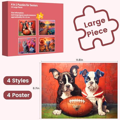 4 Pack 24 Large Piece Jigsaw Puzzles Dementia Alzheimer's Products and Activities for Elderly Seniors Puzzle Alzheimer's Cognitive Game Easy Puzzle for Adults Gift for The Elderly with 4 Storage Bag - style: 24 Large Pieces