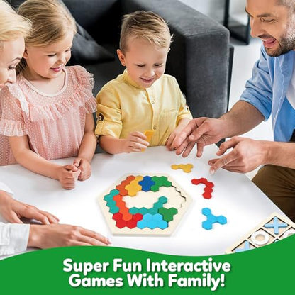 Wooden Puzzles,Geometric Shape Logic Hexagon Puzzle Toys Brain Teasers STEM Montessori Educatioanl IQ Board Games Easter Basket Stuffers Gift for Kids Boys Girls Ages 3+ (4 Pack) - style: Puzzle set-4pcs