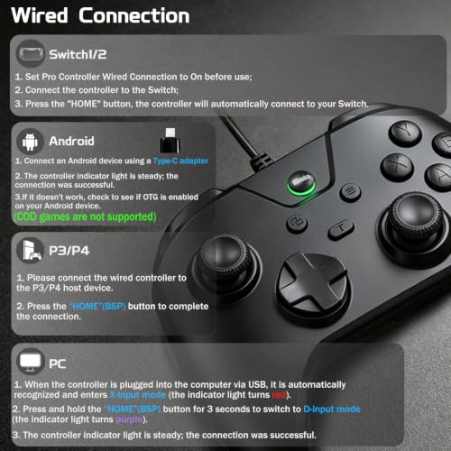 Joso Wired Gaming Controller with 1000Hz Polling Rate, USB Gamepad for Android, Switch, PC & PS4, Turbo and Adjustable Dual Vibration, 6.6-Foot Cable, USB C Adapter Included - color: Black