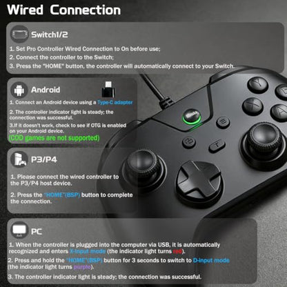 Joso Wired Gaming Controller with 1000Hz Polling Rate, USB Gamepad for Android, Switch, PC & PS4, Turbo and Adjustable Dual Vibration, 6.6-Foot Cable, USB C Adapter Included - color: Black