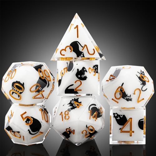 DNDND Kawaii Sharp Edge DND Dice Set - 7-Piece Cute Cat Sticker Polyhedral Dice for D&D 5E, Critical Roll & Anime RPG Fans - Collector's Gift with Dragon Case - color: Cat