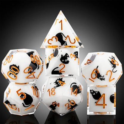 DNDND Kawaii Sharp Edge DND Dice Set - 7-Piece Cute Cat Sticker Polyhedral Dice for D&D 5E, Critical Roll & Anime RPG Fans - Collector's Gift with Dragon Case - color: Cat