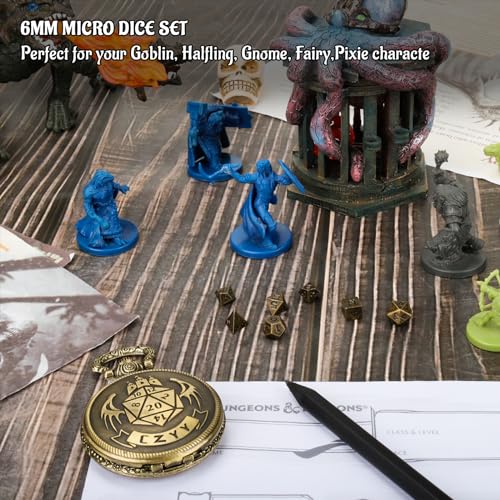 CZYY Mini Metal Polyhedral Dice Set, 6 mm Dice with Watch Shell Case | 7 Micro Metal Dice, Zinc Alloy, Pocket Watch Shell Case, RPG Gift, For Travel Games, Desk Displays & Dice Collections