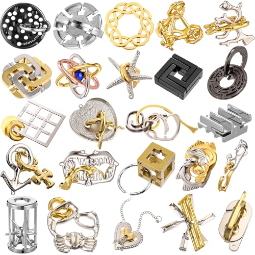 24 Pcs Metal Brain Teaser Puzzles Assortment for Adults Difficult Magic Puzzles Highly Hard Brain Games Iq Logic Test Disentanglement Game for Mind Challenge(Funny) - style: Funny