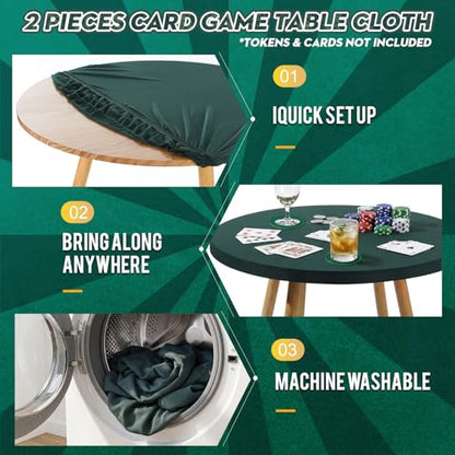 2 Pcs 36 Inch Round Card Game Table Cover with 4 Coaster for Playing Cards Poker Mahjong Bridge Board Game, Green Elastic Stretch Fitted Tablecloth for 32 to 36 Inch Tables