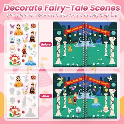 Princess Reusable Sticker Book for Toddlers, DIY Princess Accessories Fun Jelly Stickers, Washable Puffy Stickers for Kids Toys, Airplane Road Trip Travel Activities Essentials for Kids 3 4 5 Years - style: Princess