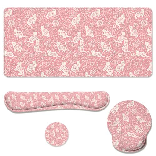 Vintage Cats Desk Mat Set Pink Cottage Floral Large Mouse Pad with Wrist Rest 4in1 Desk Mat for Desktop Ergonomic Computer Desk Arm Wrist Anti-Slip Computer Ergonomic Mouse Pad Home Office Gaming - color: Vintage Cats