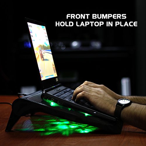 Enhance Gaming Laptop Cooling Pad Stand with LED Cooler Fans, Adjustable Height, & Dual USB Port for 17 inch Laptops - 5 Ultra Quiet High Performance Fans 2630 RPM & Built-in Bumpers - Green - color: Green