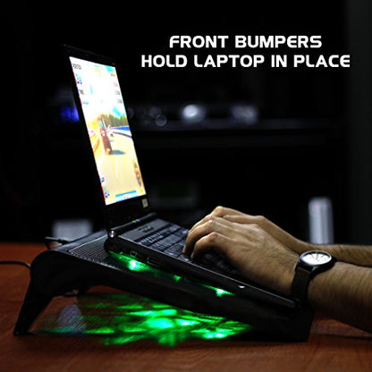 Enhance Gaming Laptop Cooling Pad Stand with LED Cooler Fans, Adjustable Height, & Dual USB Port for 17 inch Laptops - 5 Ultra Quiet High Performance Fans 2630 RPM & Built-in Bumpers - Green - color: Green