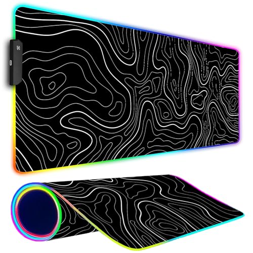 RGB Gaming Mouse Pad, Large Mouse pad with Led Light, Black Lines Non-Slip Rubber Base Big Mouse Mat for Gamer, 31.5 X 11.8 Inch - color: 14 Topographic Line