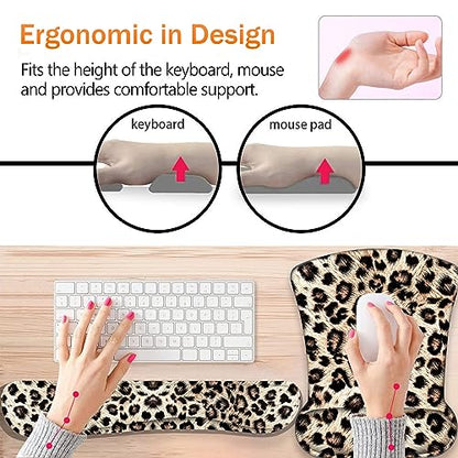 Keyboard Wrist Support + Wrist Coaster Combination, Non-Slip PU Base, with Gel Memory Mousepad, Suitable for Gaming, Office Pain Relief Set - Leopard Print Pattern - color: Leopard Print Pattern