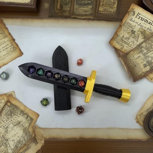 Sword Dagger Dice Holder Box Dice Tower Dungeons and Dragons RPG Tabletop Roleplaying Game Jail DND (Random 7PCS D20 Dice Set Included) Black&Black&Gold - color: Black+gold