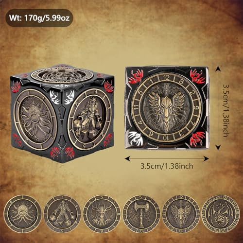 DND Spinner Dice, 7-in-1 Metal Dice Set, 3D Relief Design, DND Polyhedral Rotating Game Dice, D&D Gifts with Dragon Logo Gift Box, RPG, Role Playing Board Game Accessories, Black - color: Gold + Dark Grey