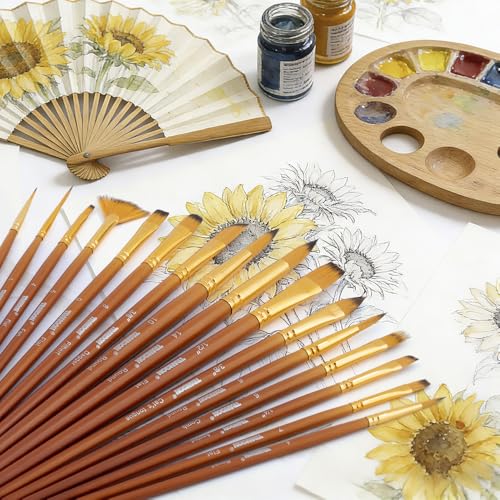 Transon 16 pcs Artist Paint Brush Set Versatile for Acrylic Painting Watercolor Painting Gouache Painting Brown Color - color: Brown