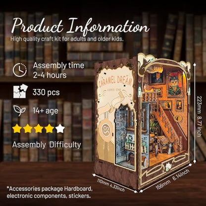 Book nooks DIY Dollhouse Kit for Adults 3D Stereo Assembly Night Light Sensing Wooden Bookend Jigsaw Building Model Gifts for Family,Friends (Caramel Dreams)