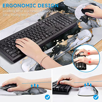 iCasso Desk Mat, Gaming Mouse Pad Wrist Support Set,4in1 XXL Large Mousepad + Keyboard Wrist Rest+Mouse Wrist Rest+Coaster Set with Ergonomic Design for Home Office Table Computer-Grey Ink Marble - color: Grey Ink Marble