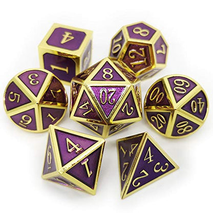 Haxtec Metal DND Dice Set, 7 Pcs Purple Polyhedral Dice for Table Games | Gold Edge D&D Dice with Leather Bag, Compatible with Dungeons and Dragons, Enamel Heavy Metallic, Gifts for TTRPG Players - color: Gold Purple
