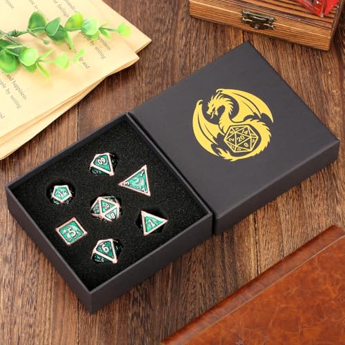 Metal Dice Set, Fly Dragon Pattern, 7pcs Polyhedral Metal DND Dice Set, DND Starter Set, D&D Gifts with Gift Box, Role Playing Board Games Accessories, Green ﻿ - color: Green