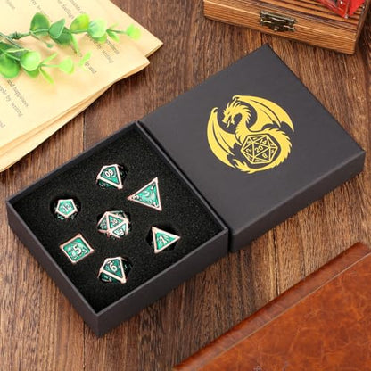 Metal Dice Set, Fly Dragon Pattern, 7pcs Polyhedral Metal DND Dice Set, DND Starter Set, D&D Gifts with Gift Box, Role Playing Board Games Accessories, Green ﻿ - color: Green