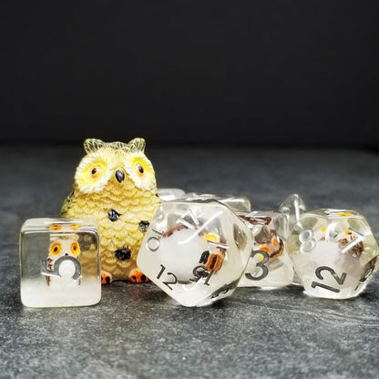Sage's Portal Familiars Dice and Toy Set Combo Resin DND Dice Set Polyhedral Dice Set for Dungeons and Dragons RPG Pathfinder Tabletop TTRPG (Owl+ Figurine) - color: Owl, style: Dice Set +Mini Figure