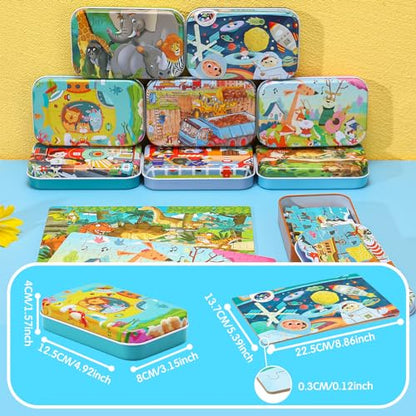 Libima 9 Boxes Party Favors Jigsaw Puzzles in a Metal Box for Birthday Favors Supplies Wooden Puzzle Gifts, 9 Styles, 60 Pieces Each(Delicate Style) - style: Delicate Style