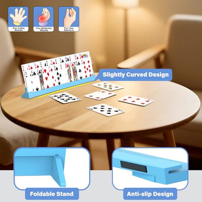 Set of 2 Playing Cards Holders for Seniors Adults – Multi-layer Curved Holders with Foldable Stand for Playing Cards Game Bridge Canasta Strategy Foot and Hand UNO, 2 Blue, for Holidays Game Nights