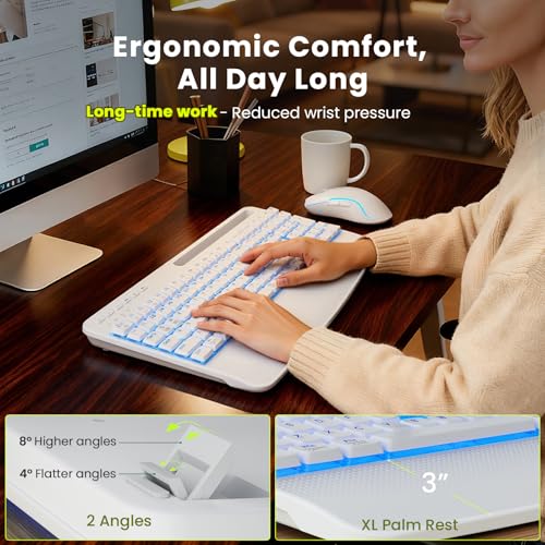 White Keyboard and Mouse Wireless Combo, 4000mAh Rechargeable Backlit Quiet Keyboards mice Set, USB Ergonomic Key Board with Wrist Rest & Phone Holder for PC, Mac, Windows, Natural Soft Typing - color: Pure white