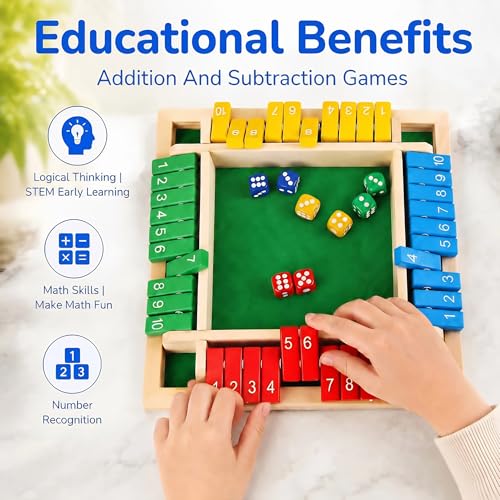Shut The Box Math Board Game Wooden Dice Toy for 1-4 Players Kids Adults | Montessori STEM Education, Fine Motor Skills, Hand Eye Coordination, Preschool Development, Family Night, Camping Activity