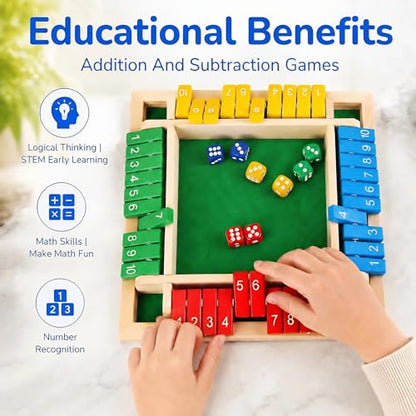 Shut The Box Math Board Game Wooden Dice Toy for 1-4 Players Kids Adults | Montessori STEM Education, Fine Motor Skills, Hand Eye Coordination, Preschool Development, Family Night, Camping Activity