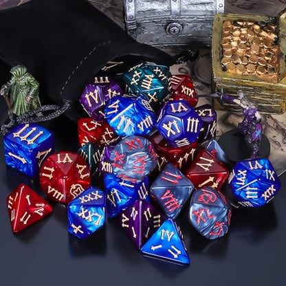 QMay 5 Sets Polyhedral Dice - 5 X 7 (35 Pieces) DND Dice with 5 Drawstring Bags, Roman Number Pattern D4 D6 D8 D10 D% D12 D20, Great for Dungeons and Dragons, RPG, MTG,Role Playing Table Games - color: 5 Sets-35pcs