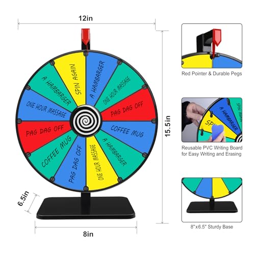Pionites 12 Inch 12 Slots Prize Wheel Tabletop Fortune Spin with Dry Erase Marker and Eraser for Engaging Home Parties, Trade Show, Carnival Events (12'' 12slots)