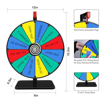 Pionites 12 Inch 12 Slots Prize Wheel Tabletop Fortune Spin with Dry Erase Marker and Eraser for Engaging Home Parties, Trade Show, Carnival Events (12'' 12slots)