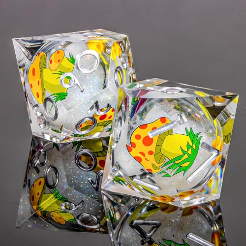 OUKELANWO Liquid Core Mushroom DND Dice Set D&D, 7Pcs Resin Sharp Edge Dice with Gift Box, Dungeons Dragons D and D Role Playing Gaming Dice D20 D12 D10 D8 D6 D4, White and Yellow - color: White and Yellow