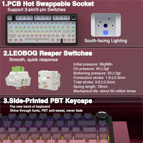 AULA F75 Pro Wireless Mechanical Keyboard,75% Hot Swappable Custom Keyboard,RGB Backlit,Pre-lubed Reaper Switches,Side Printed PBT Keycaps Mechanical Gaming Keyboards, Pink&Black - color: F75 Pro-Gradient Pink Black
