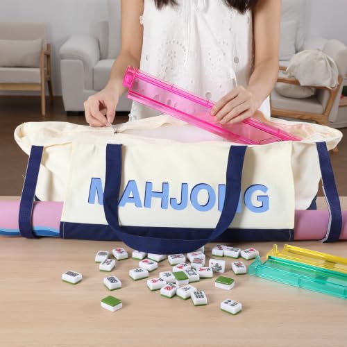 Abbylike 28x9 Inches Mahjong Bag for Rolled Mat Tiles Racks Pushers Accessories Empty Mahjong Tote Bag with Zipper Closure Outer Pockets Lining Large Capacity(Beige&Navy Blue,Canvas) - color: Beige&navy Blue