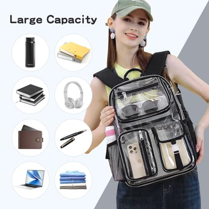 Cusangel Clear X-Large Backpack Heavy Duty Clear BookBag,17.5inch TPU Large Capacity See Through Backpack for Sport Events,Travel,Plastic backpacks for 15age+ - color: Black 17.5inch