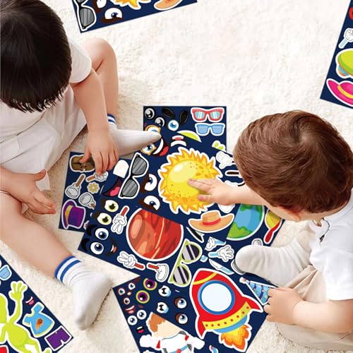 32 Sheet Make Your Own Outer Space Stickers Solar Stystem Astronaut Mix and Match Spaceship Planets Game Stickers for Kids Space Birthday Party Favor Decorations DIY Craft Supplies