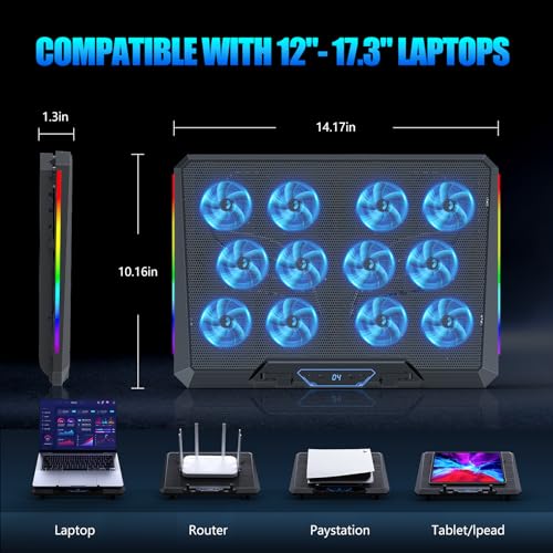 Laptop Cooling Pad with 12 Quiet Fans, Slim Portable for 12-17.3 Inch Laptop Cooler Stand, RGB Lighting, with 5 Height Adjustable, Gaming Cooling Fan Pad,Two USB Ports, Phone Holder (LCD) - size: 12Fan-LCD