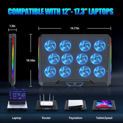 Laptop Cooling Pad with 12 Quiet Fans, Slim Portable for 12-17.3 Inch Laptop Cooler Stand, RGB Lighting, with 5 Height Adjustable, Gaming Cooling Fan Pad,Two USB Ports, Phone Holder (LCD) - size: 12Fan-LCD