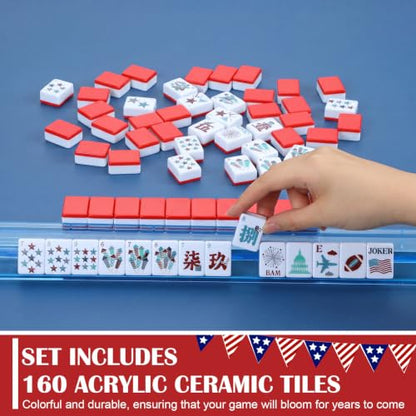 160 Pcs USA Theme American Mahjong Tiles Set 1.2 Inch Patriotic Veterans Day Mahjong Tile 4th of July Independence Day Red White Blue Mini Game Set for Travel Family Game Night Holiday - style: Usa Theme