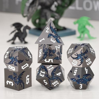 Dungeons and Dragons Dice D&D Metallic Dragon Sharp Edged Dice Set with Box, Polyhedral DND Role Playing Game D and D Dice Set D20 D12 D10 D8 D6 D4 - color: Dragon-black Nickel Sparkle Blue