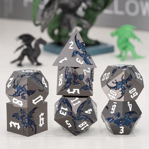 Dungeons and Dragons Dice D&D Metallic Dragon Sharp Edged Dice Set with Box, Polyhedral DND Role Playing Game D and D Dice Set D20 D12 D10 D8 D6 D4 - color: Dragon-black Nickel Sparkle Blue