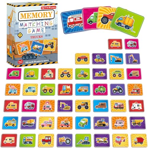 gisgfim 100 PCS Memory Matching Game Trucks Concentration Memory Card Games for Kids Preschool Educational Ages 3-8 A Fun & Fast Vehicle Theme Matching Games - style: Trucks
