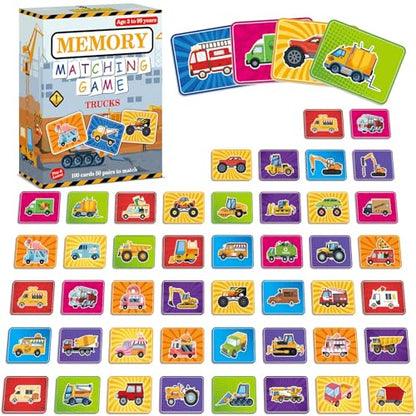 gisgfim 100 PCS Memory Matching Game Trucks Concentration Memory Card Games for Kids Preschool Educational Ages 3-8 A Fun & Fast Vehicle Theme Matching Games - style: Trucks